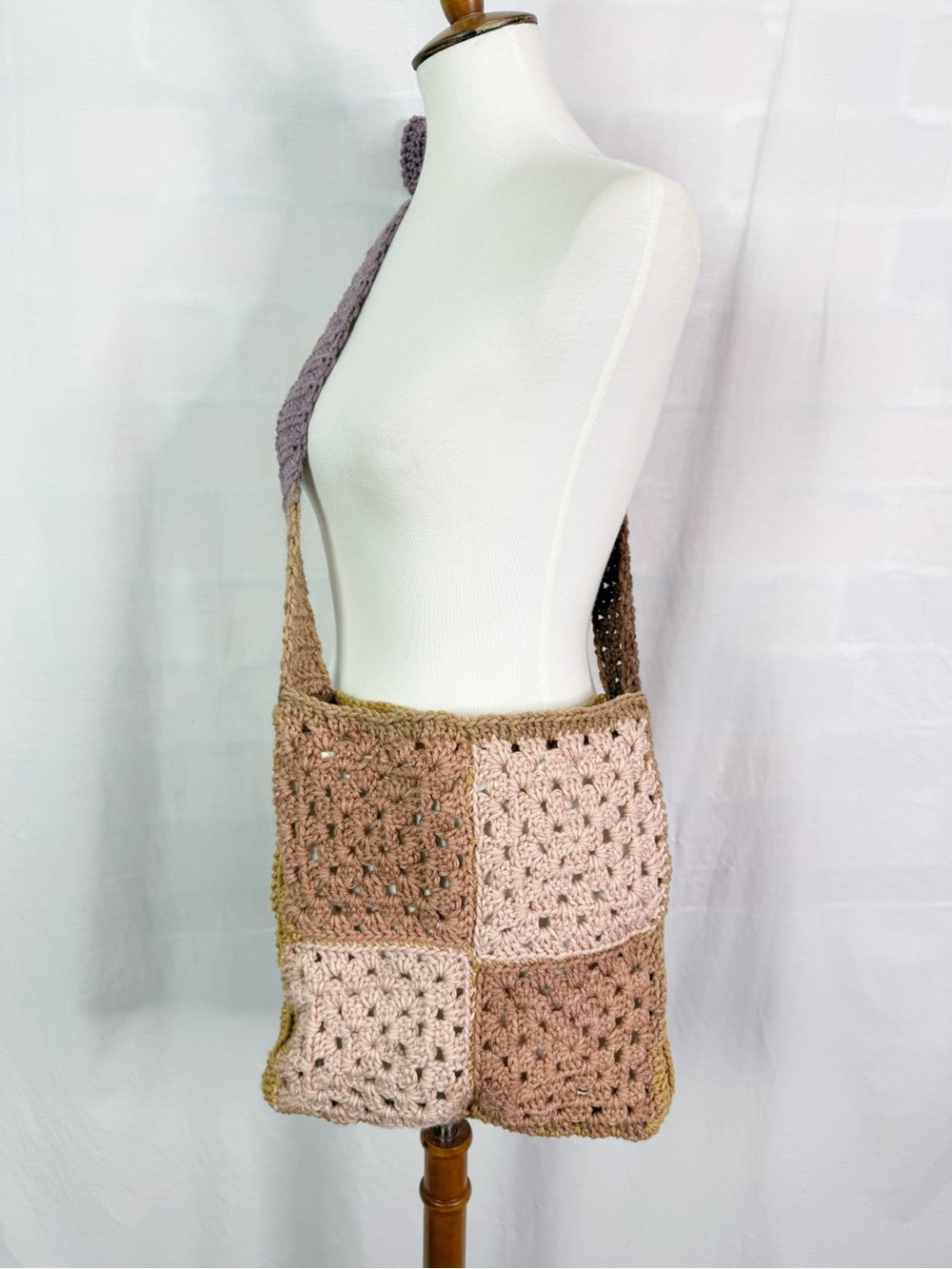 Hand Crafted Crochet Patchwork Crossbody Bag Brown Tan X-Long Strap